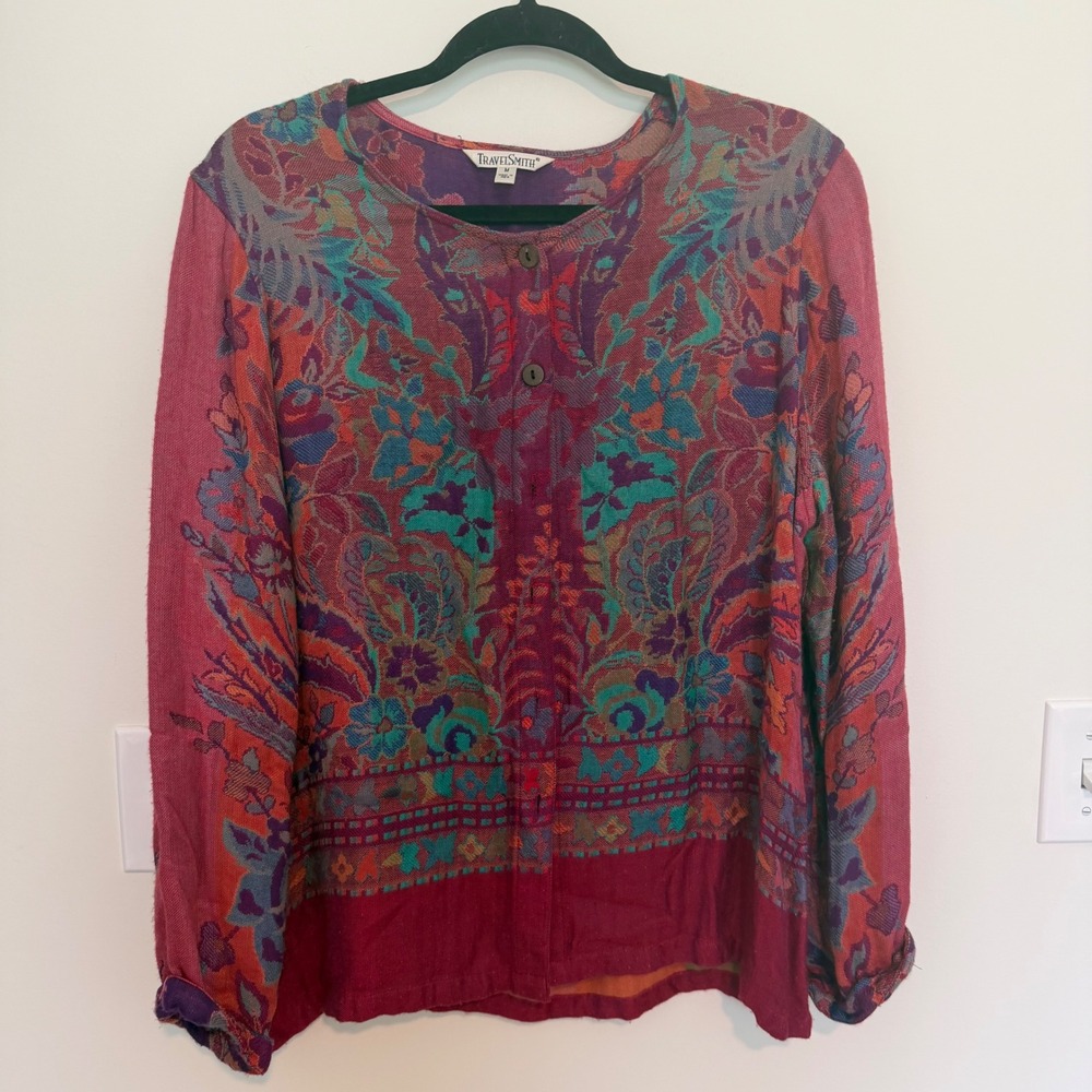 TravelSmith Womens Medium Pink Purple Floral Tapestry Button Front Top